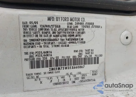 2005 Mercury Grand Marquis Ls/Lse из США, поврежденный, VIN 2MEFM75W35X660867